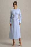 Cassiopeia Light Blue Long Sleeve Midi Dress With Cross Waist