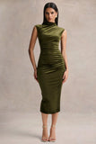 Novine Olive Velvet High Neck Midi Dress