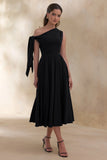 Daring Black Asymmetric Neck Midi Dress With Knot Detail
