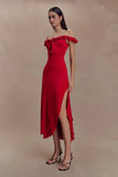 Allegra Off Shoulder Ruffle Midi Dress Ruby