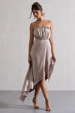 Willa Taupe Satin Bandeau Maxi Dress With Asymmetric Hem