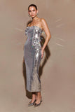 Cassia Strapless Sequin Rose Midi Dress Silver