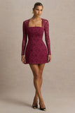 Bijou Burgundy Square Neck Lace Long Sleeve Mini Dress