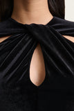 Francine Black Velvet Round Neck Midi Dress With Cut Out Details