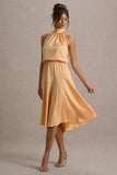Palonia Peach Satin High Neck Split Midi Dress