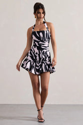 Zahra Zebra Print Halter Neck Ruched Mini Dress With Ruffle Hem