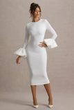 Celie White Long Sleeve Midi Dress With Puff Cuffs