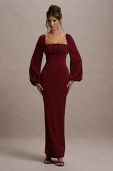 Nika Berry Satin Square Neck Balloon Sleeve Maxi Dress
