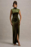 Abilene Olive Velvet High Neck Split Maxi Dress