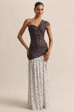 Motira Brown Polka Dot Asymmetric Neck Maxi Dress With Asymmetric Drop Waist