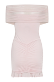 Caspian Slinky And Mesh Off Shoulder Mini Dress Pale Pink