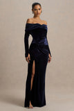 Countess Navy Velvet Bardot Neck Wrapped Maxi Dress With Front High Split