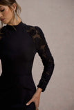Chandra Black Mesh Long Sleeve Midi Dress With Ruffle Hem