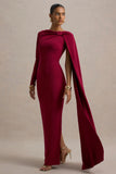 Frances Burgundy High Neck Maxi Dress With Cape Detail