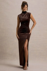 Abilene Chocolate Velvet High Neck Split Maxi Dress