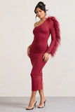 Wild One Burgundy One Shoulder Bodycon Midi Dress With Feather Trimmed Sleeve