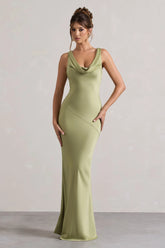 Alesso Light Olive Satin Cowl Neck Maxi Dress