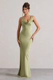 Alesso Light Olive Satin Cowl Neck Maxi Dress