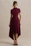 Bellona Burgundy High Neck High Low Midi Dress
