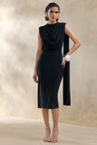 Lysandria Black High Neck Midi Dress With Draped Detailing