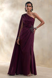 Solace Dark Plum Asymmetric Neck Maxi Dress With Front High Split