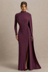 Anticipation Burgundy High Neck Maxi Dress With Front Split And Ruched Detailing