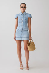 Lakoda Cuffed Denim Mini Skirt Washed Light Blue