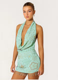 Outlaw Beaded Mini Dress Mint Aqua