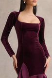 Emberlyn Burgundy Velvet Scoop Neck Fishtail Midi Dress