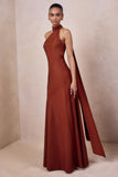 Cara Rust Matte Satin High Neck Maxi Dress