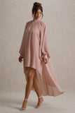 Delphia Pale Pink High Neck Maxi Dress With High Low Hem
