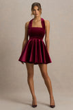 Mirage Burgundy Velvet Halter Neck Mini Dress With Skater Skirt