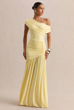 Kady Lemon Asymmetric Neck Maxi Dress With Ruched Detailing