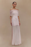 Caspian Slinky And Mesh Off Shoulder Maxi Dress Pale Pink