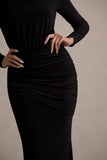 Deanna Black Asymmetric Long Sleeve Ruched Maxi Dress