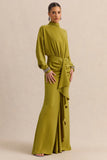 Perla Olive High Neck Maxi Dress With Gathered Detailing