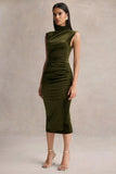 Novine Olive Velvet High Neck Midi Dress