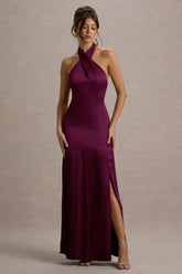 Sansa Burgundy Satin Cross Halter Neck Plisse Maxi Dress
