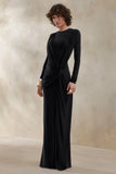 Desirelle Black Crew Neck Maxi Dress With Gathered Detailing