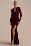 Command Burgundy Plunge Neck Maxi Dress With Front High Split