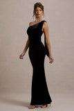 Jillian Black Velvet Asymmetric Maxi Dress With Bow Strap