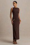 Fiora Brown Wide Neck Maxi Dress With Gathered Detail
