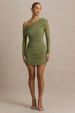 Gina Olive Asymmetric Neck Ruched Mini Dress