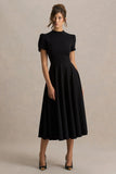 Vicky Black High Neck Midi Dress With Puff Sleeves
