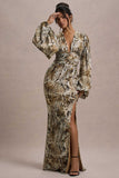 Casarile Snake Print V Neck Balloon Sleeve Maxi Dress