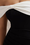 Eva Black White Bardot Bow Detail Maxi Dress With Thigh Split