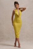 Maciza Mustard Satin Jacquard Cowl Neck Midi Dress