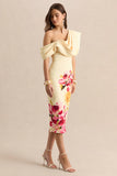 Adrina Hot Pink Lemon Floral Print Draped One Shoulder Midi Dress