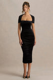 Chrissy Black Velvet Square Neck Midi Dress With Mesh Sleeves And Ruched Detailing