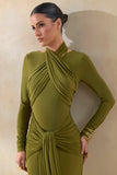 Linessa Olive High Neck Maxi Dress With Sash And Gathered Detailing